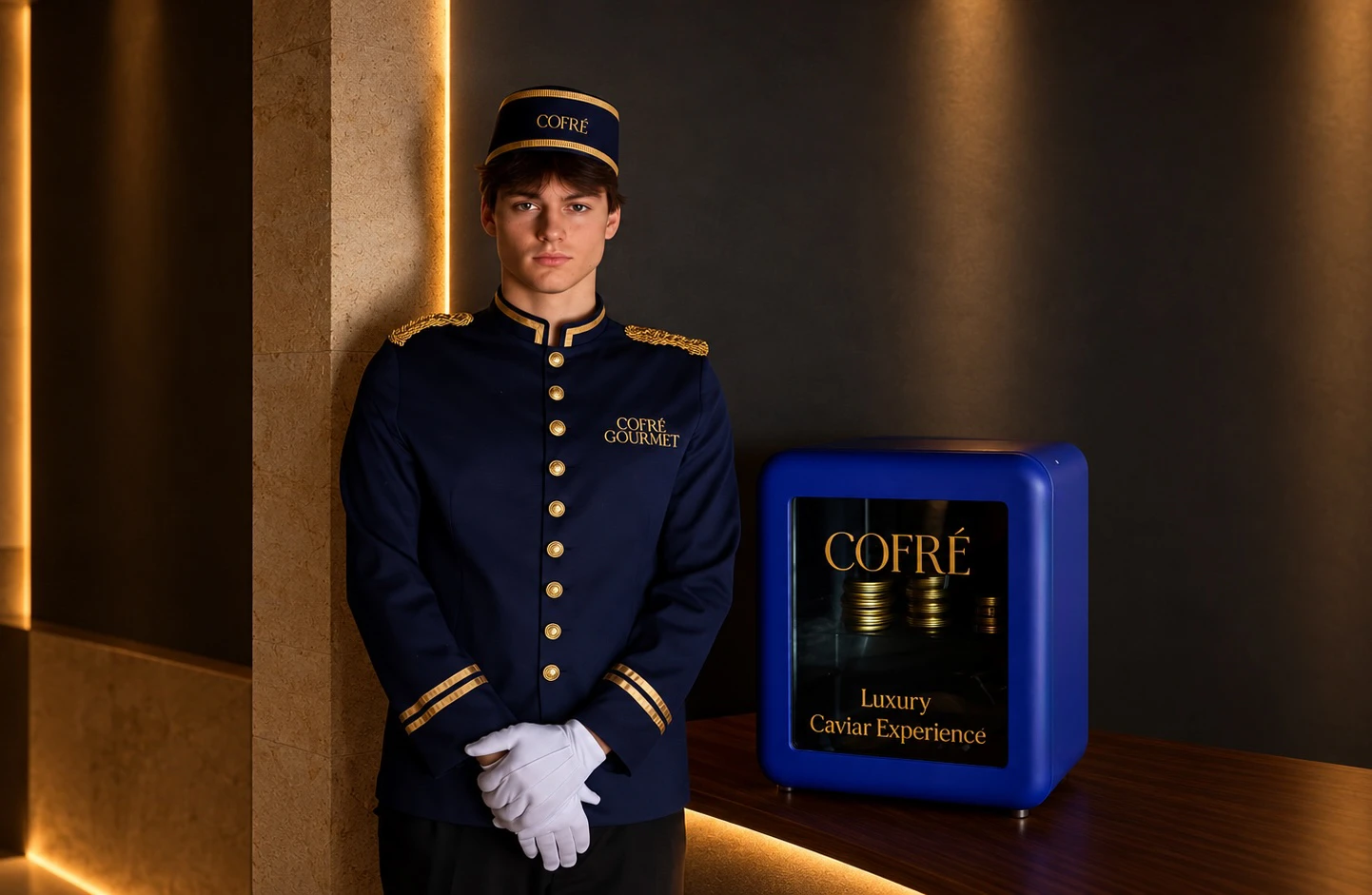 Servicio Cofré à Portée con uniforme y frigorífico azul de caviar
